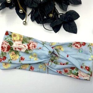 Light Blue Floral Wide Stretchy Headband Soft Turban Knot Head Wrap Hair Gifts